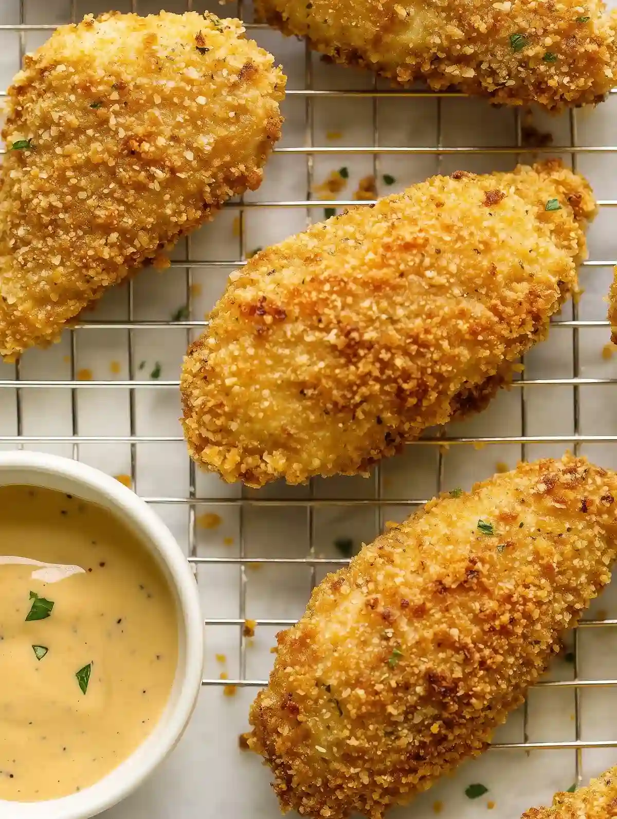 Golden-brown crispy chicken tenders with herb crumbs and dipping sauce