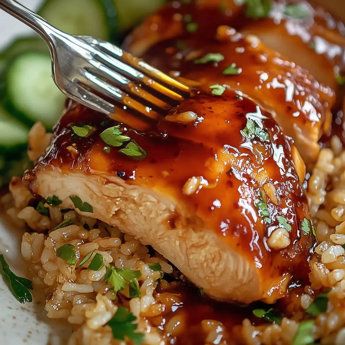 Golden-brown honey garlic chicken with rice and cucumber slices on marble surface