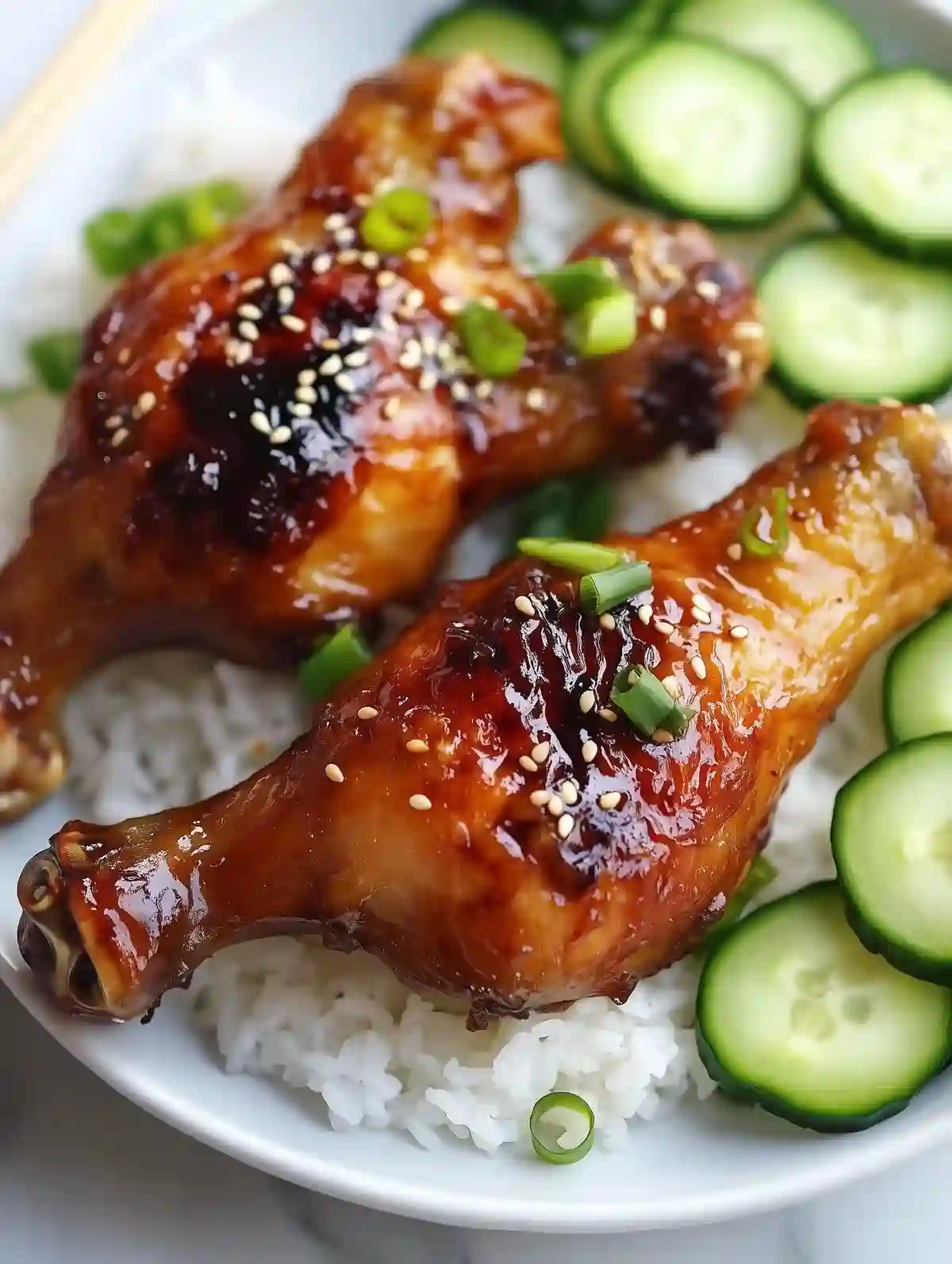 Two glazed teriyaki chicken quarters with sesame seeds and green onions
