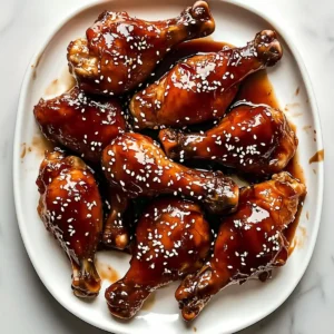 White platter with seven glazed fried chicken leg quarters, sesame garnish