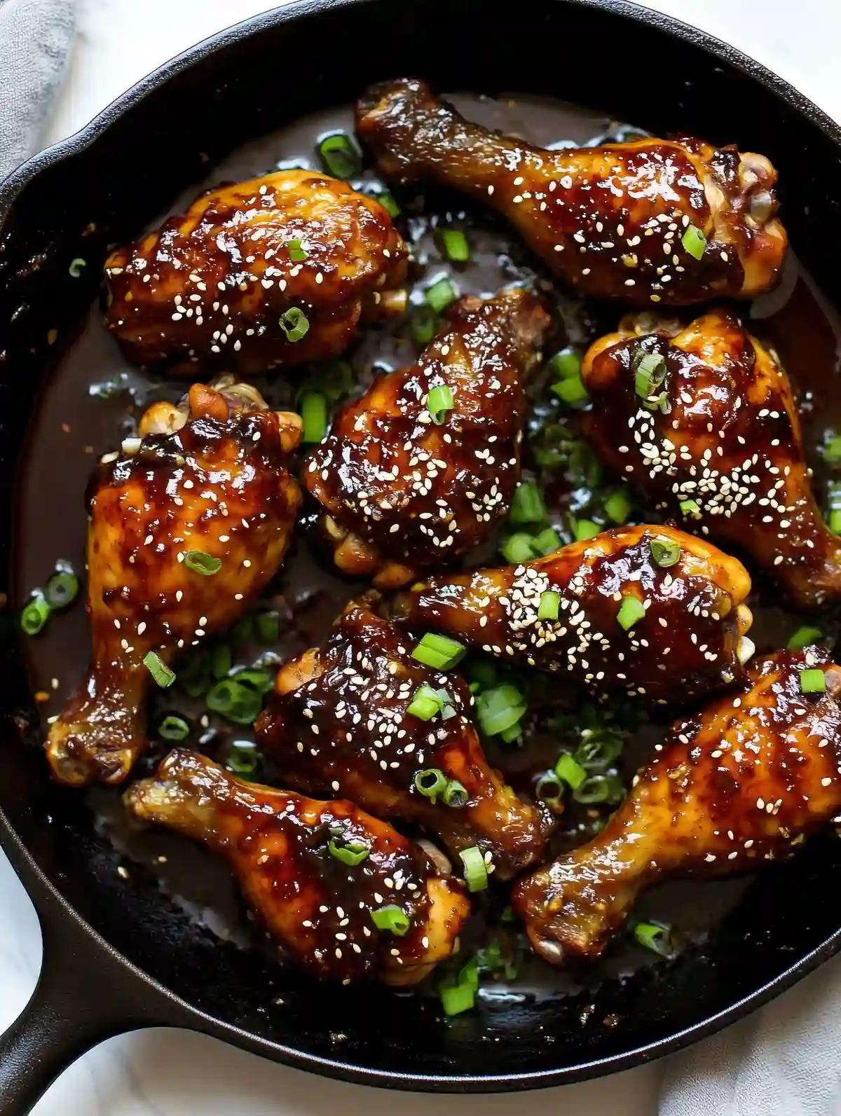 Golden chicken leg quarters with teriyaki glaze, sesame seeds, and green onions