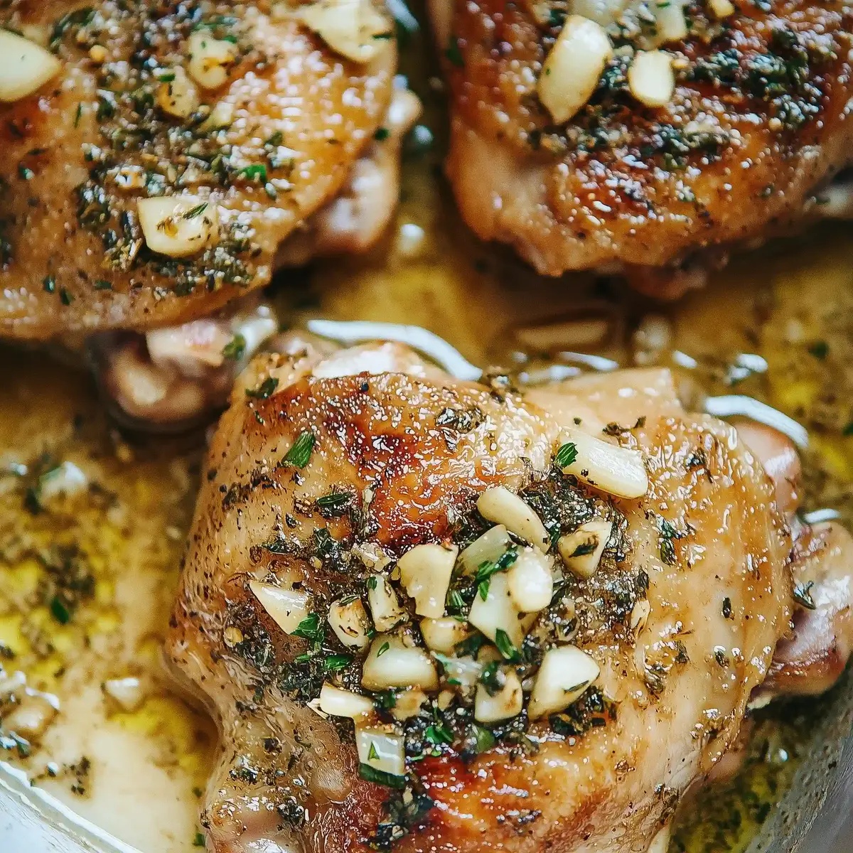 Garlic butter chicken thighs with crispy crust on marble surface in skillet