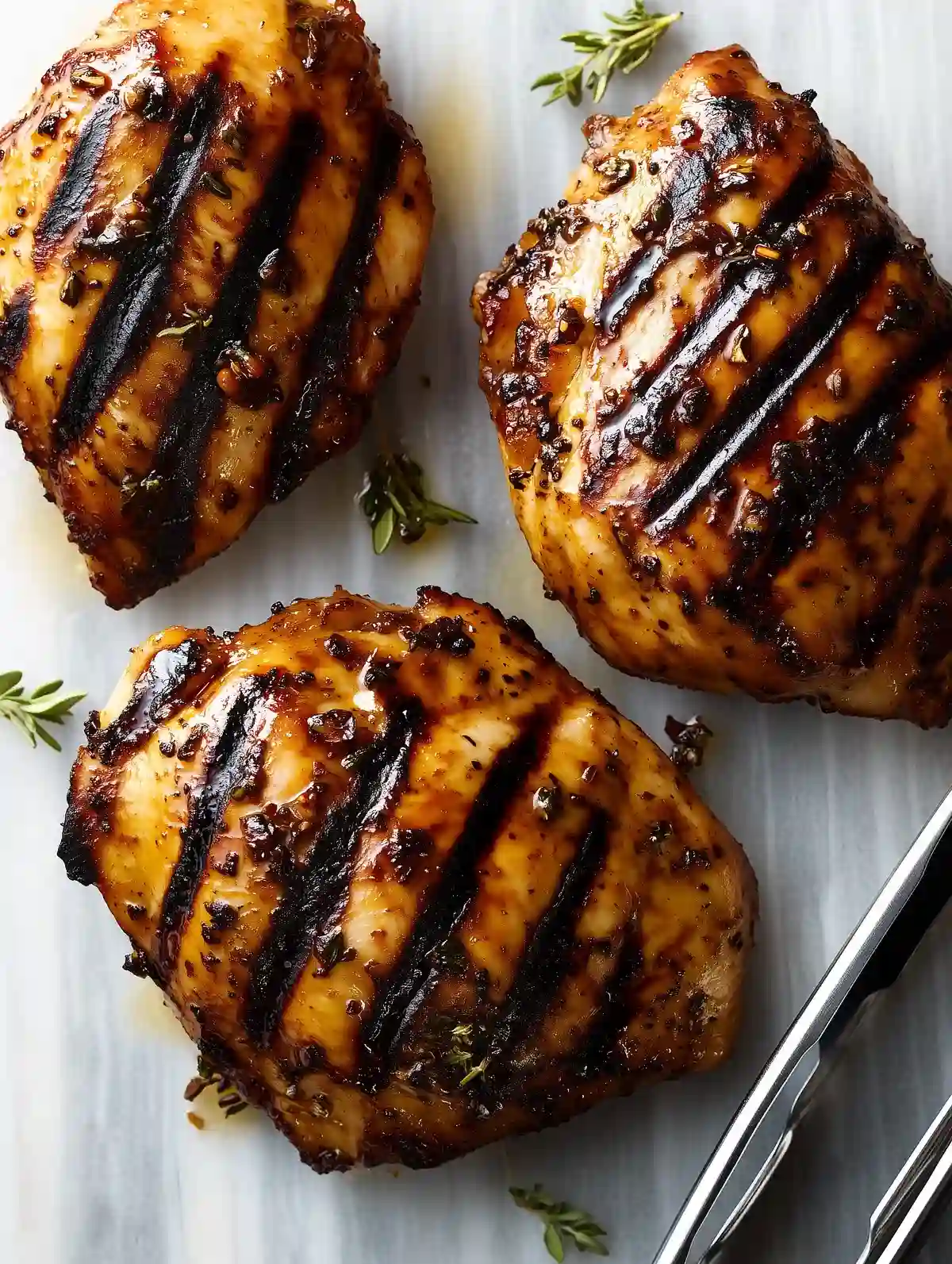 Three grilled chicken slices with grill marks on marble surface, garnished with herbs