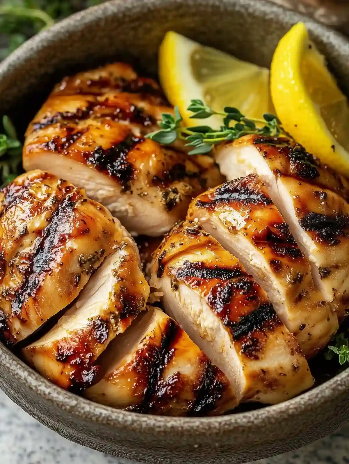 Sliced grilled chicken with thyme and lemon on marble surface