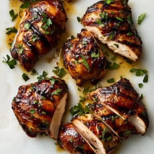 Grilled chicken pieces with grill marks, garnished with parsley on marble