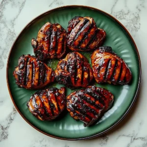 Grilled chicken thighs with glaze and grill marks on a green plate