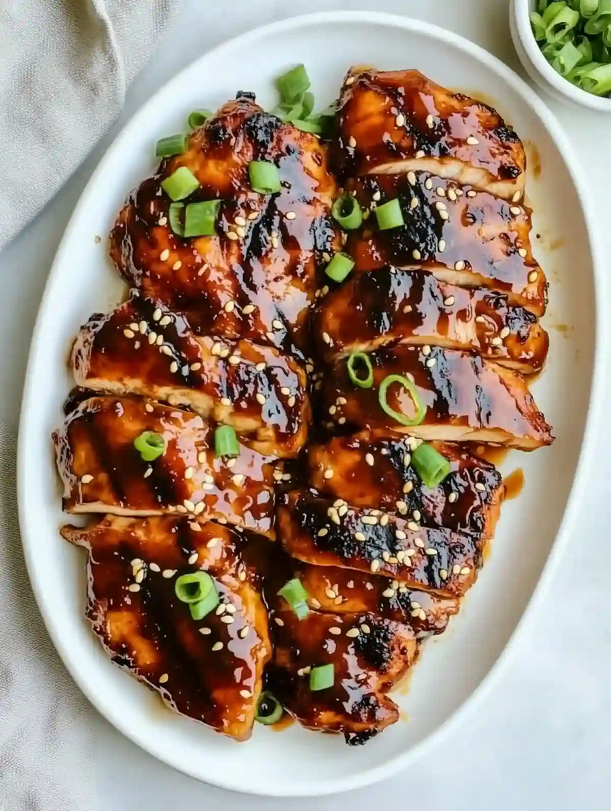 Grilled teriyaki chicken slices with green onions and sesame seeds on a platter