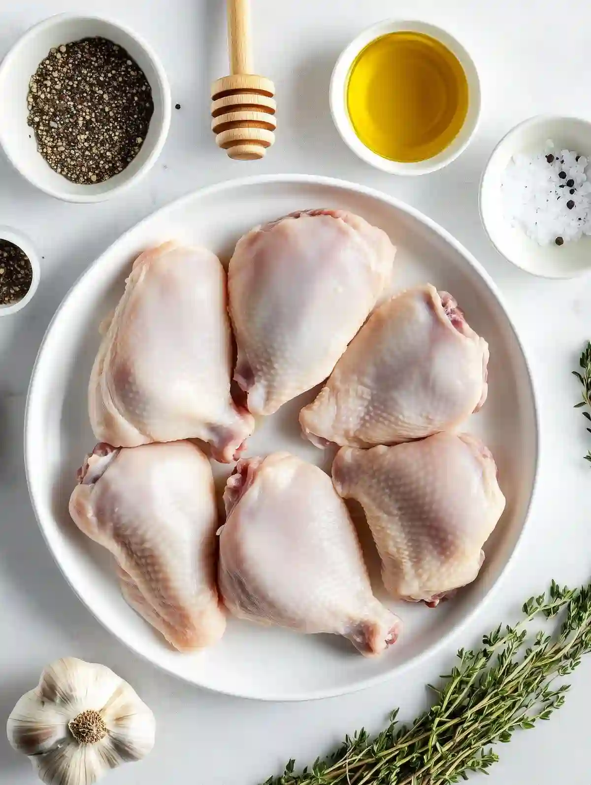 Round white plate with eight raw chicken thighs, surrounded by ingredients.