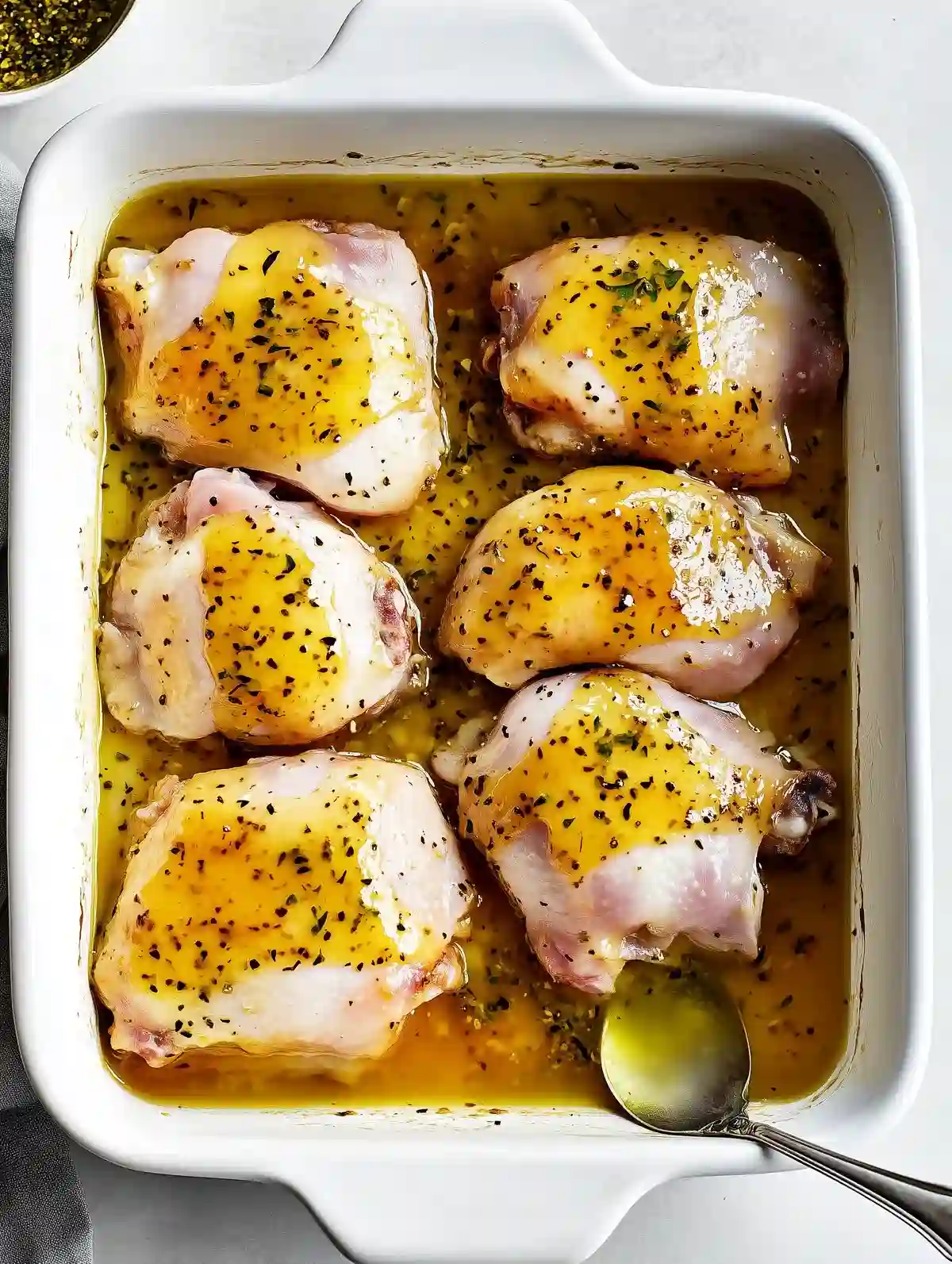 Chicken thighs with honey mustard glaze and garlic, on a white dish