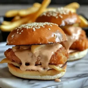 Fried chicken sliders with melted cheese and sauce, served with fries.
