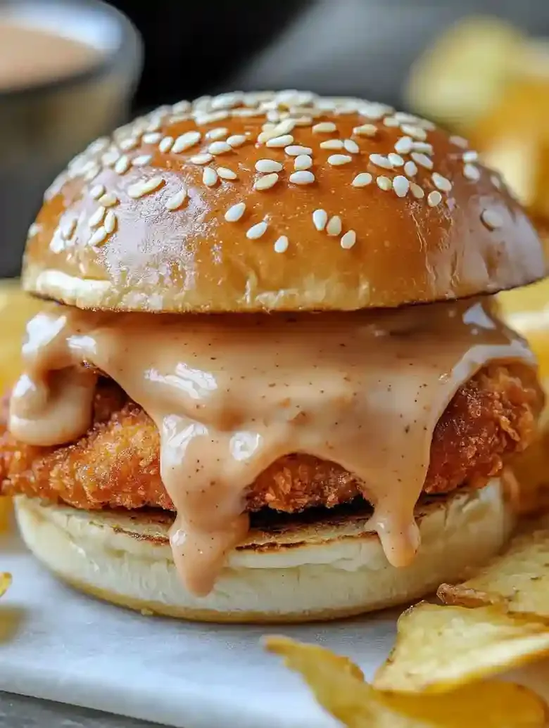 Crispy chicken sandwich with cheese, sauce, and potato chips on marble.