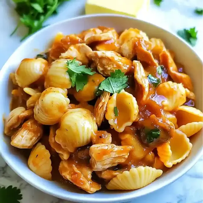 Pasta with shell noodles, grilled chicken, and cilantro in a bowl.