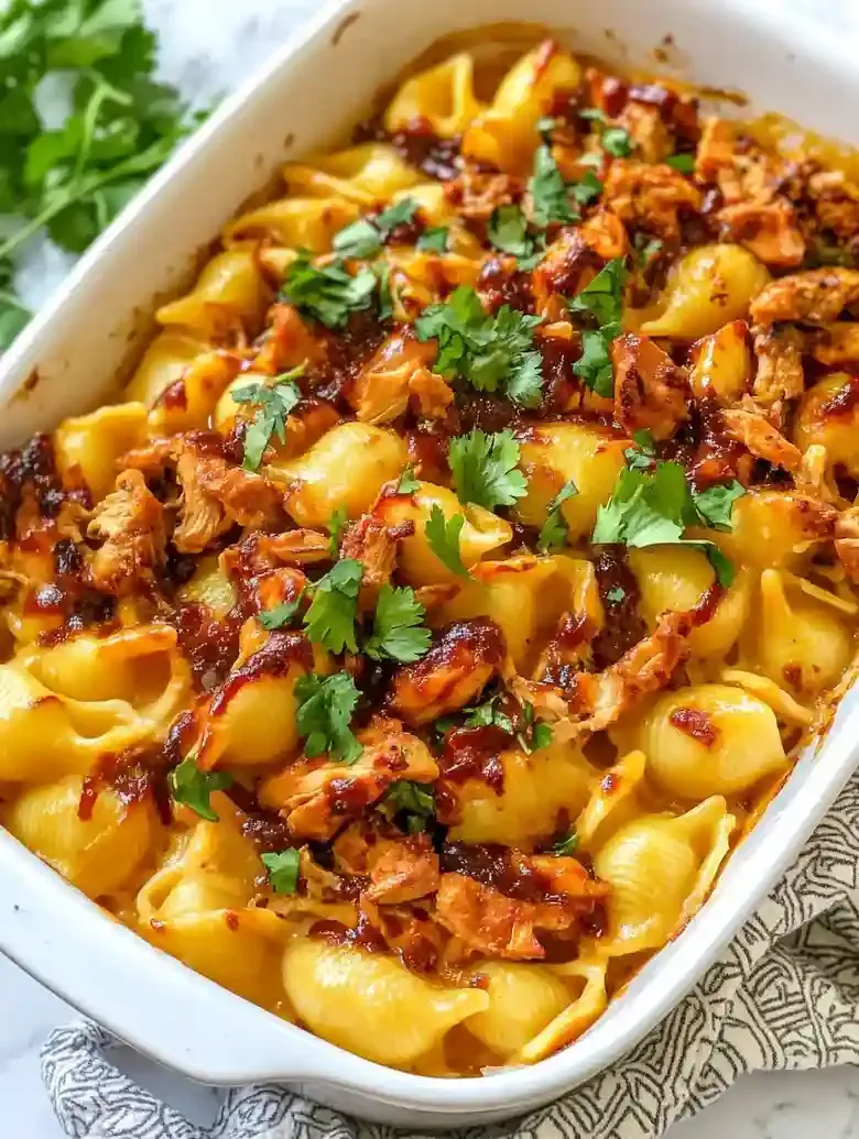 Cylindrical pasta shells with chicken, cilantro, and barbecue sauce.