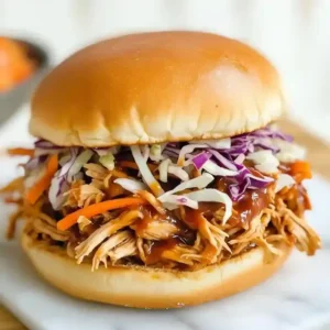 Barbecue chicken sandwich with vibrant slaw on a marble surface.