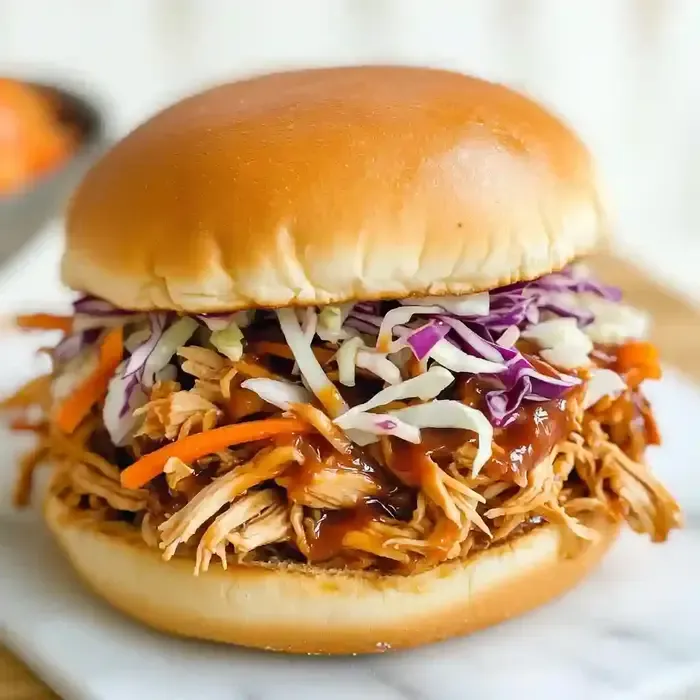 Barbecue chicken sandwich with vibrant slaw on a marble surface.