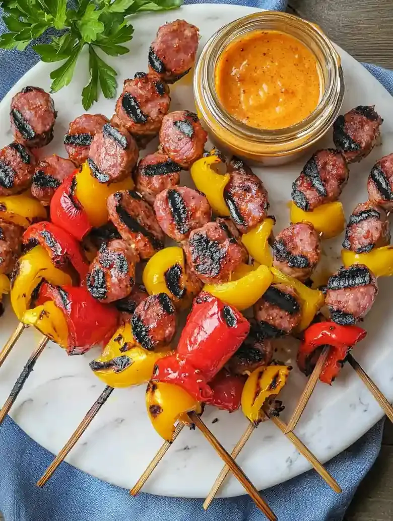 Colorful skewers of grilled sausage and bell peppers on marble surface.