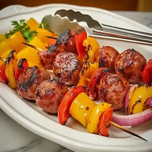 Grilled sausage skewers with orange bell pepper and red onion on white platter.
