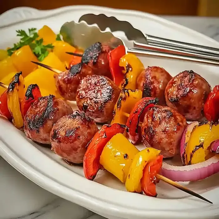 Grilled sausage skewers with orange bell pepper and red onion on white platter.