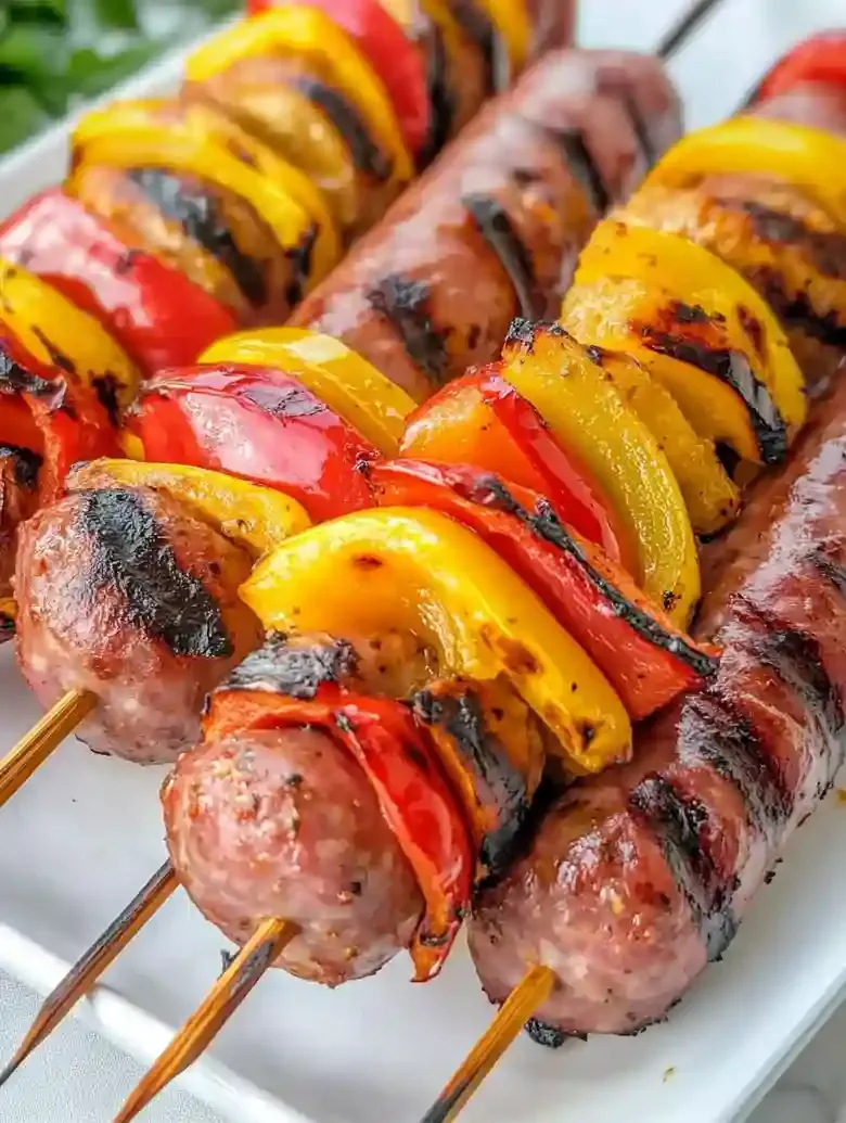 Grilled sausage and bell pepper skewers on a marble surface.
