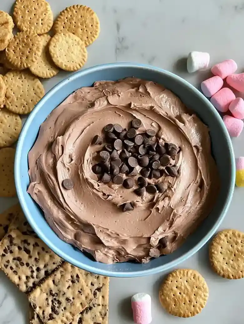 Blue bowl of chocolate frosting topped with chocolate chips and assorted treats.