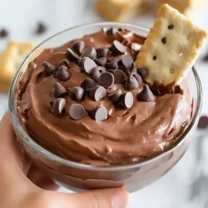 Glass bowl of chocolate mousse topped with chocolate chips and a graham cracker.
