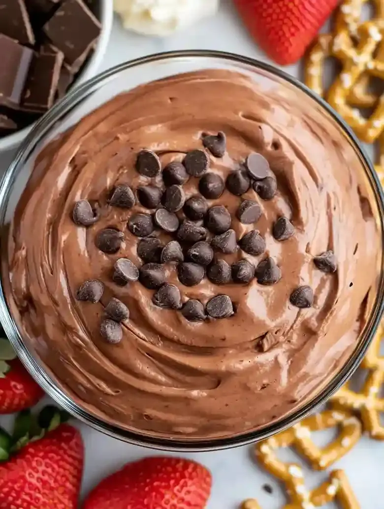 Glass bowl of chocolate mousse with mini chips, surrounded by strawberries and snacks.