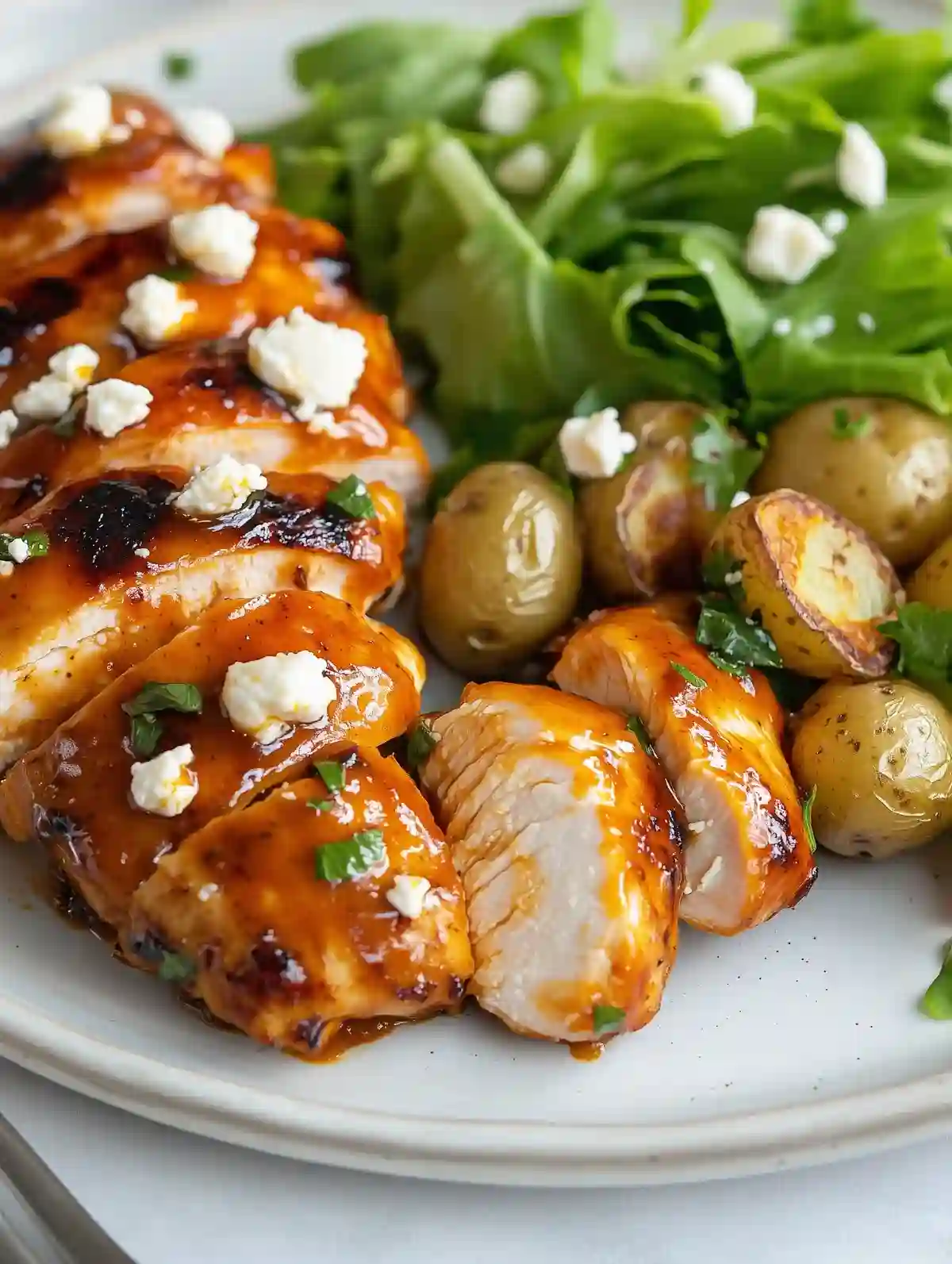 Buffalo chicken slices with sauce, cheese, roasted potatoes, lettuce, and fork.
