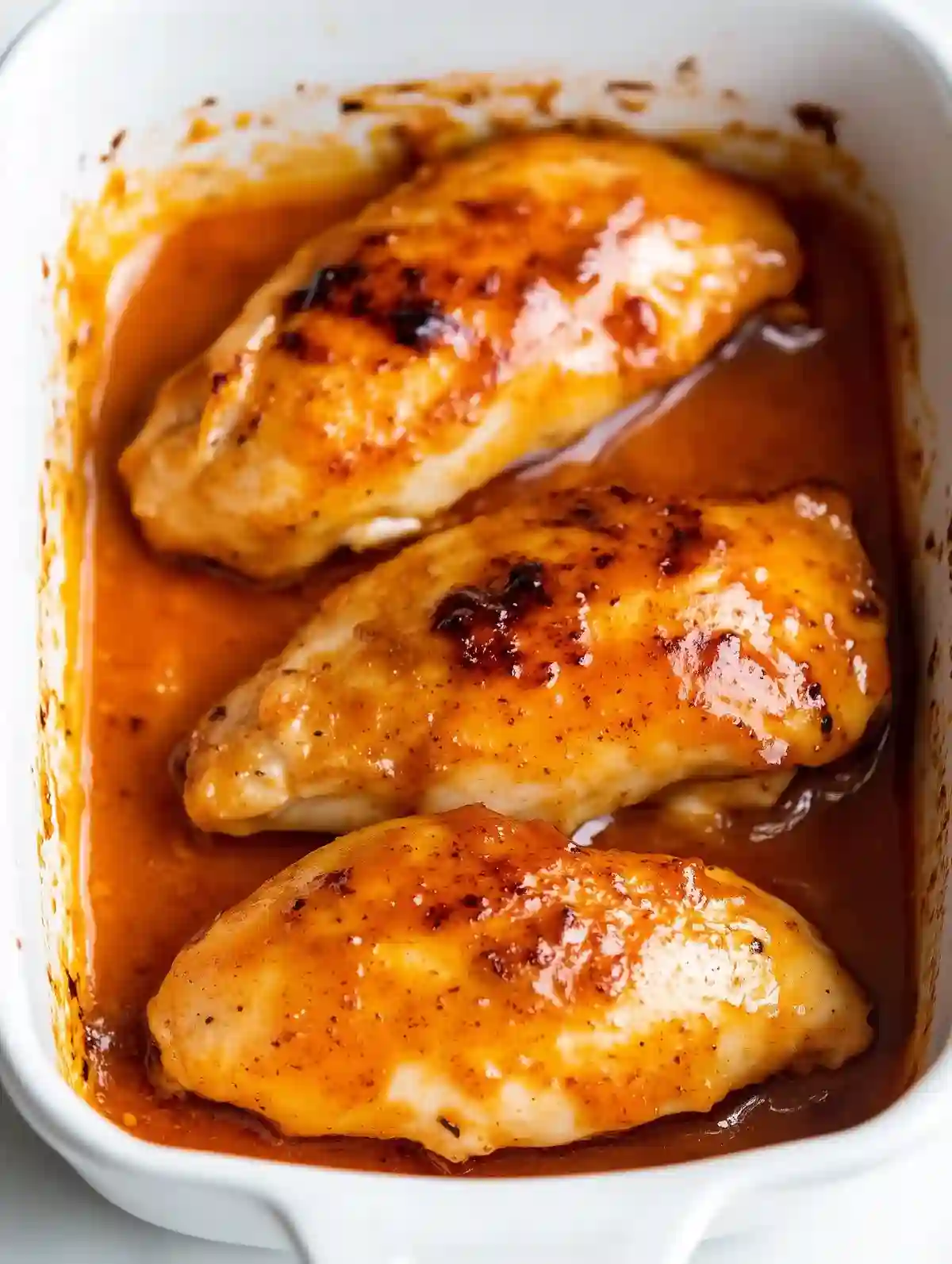 Golden-brown chicken slices in spicy sauce on white marble surface