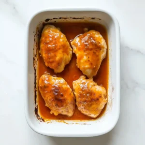 Baked chicken slices coated in orange buffalo sauce on a white marble surface