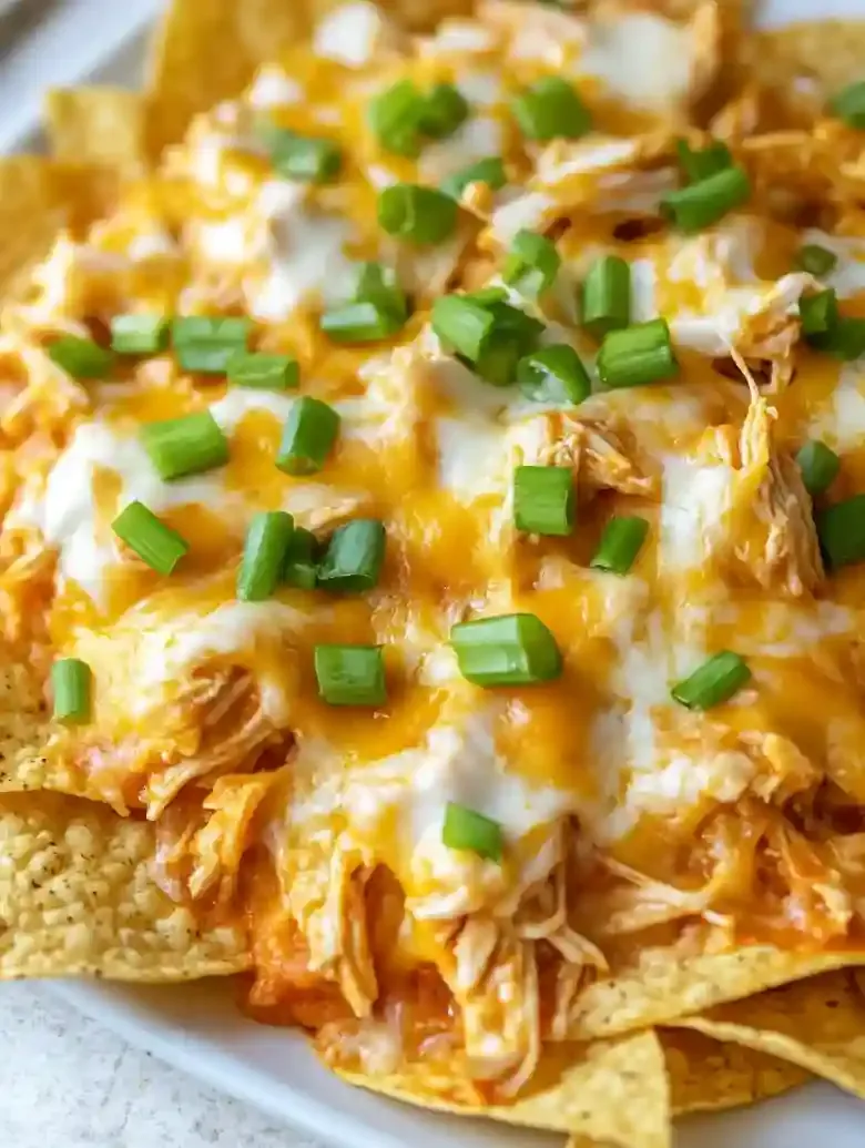 Tortilla chips topped with shredded chicken and melted cheese, garnished with green onions.