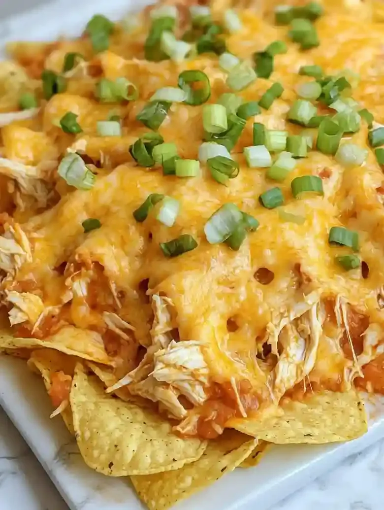 Crispy tortilla nachos topped with chicken, melted cheese, and green onions.