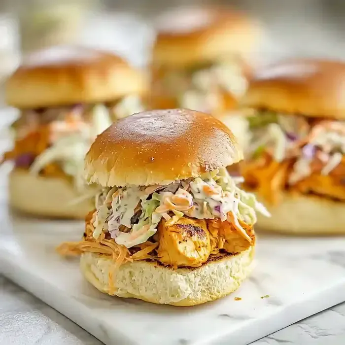 Three chicken tender sliders with coleslaw, arranged on a marble surface.