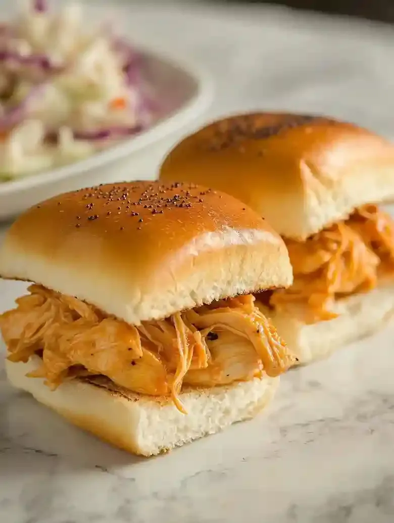 Chicken sliders in golden buns with coleslaw on a marble surface.