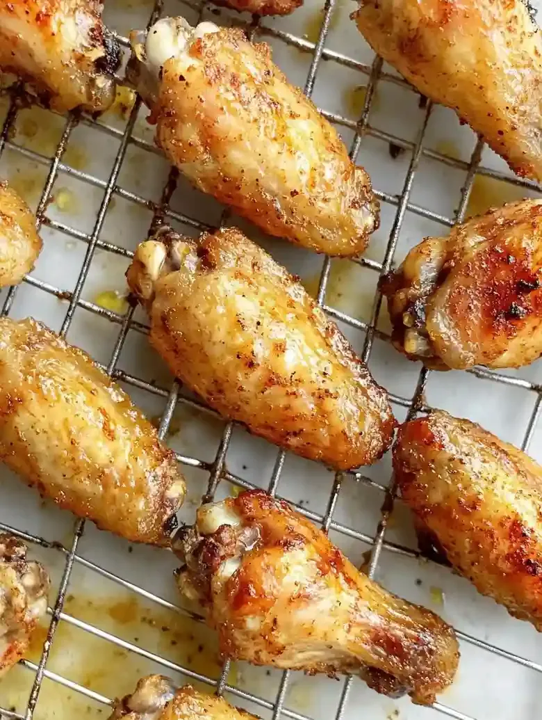 Crispy, golden-brown chicken wings on a wire rack against marble backdrop.