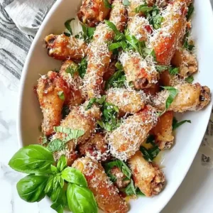 Chicken wings garnished with cheese and parsley on a white oval dish.