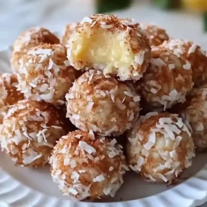 White plate with cinnamon coconut dessert balls and a yellow center.