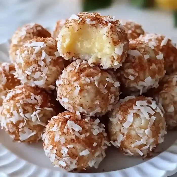 White plate with cinnamon coconut dessert balls and a yellow center.