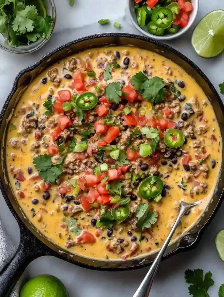 Cast iron skillet with cheese dip, ground meat, beans, and garnishes.
