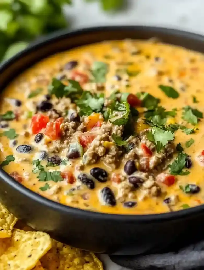 Black bowl of golden dip with meat, beans, and tomatoes, surrounded by tortilla chips.