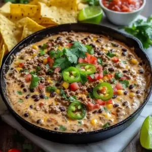 Cast iron skillet with cheese dip, beef, beans, tomatoes, and tortilla chips.