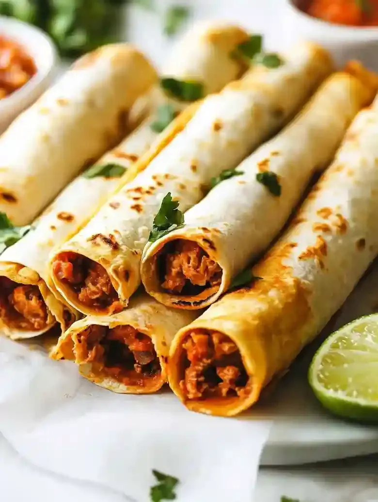 Rolled tacos filled with seasoned meat, served with salsa and lime.