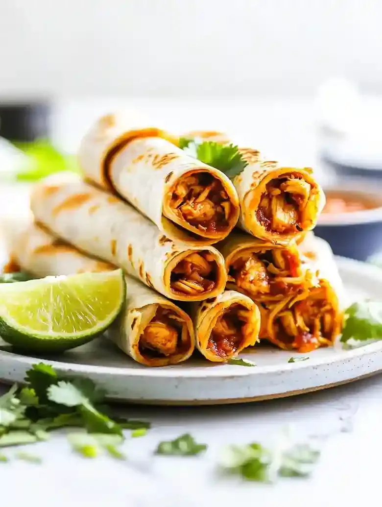 Rolled chicken tortillas garnished with cilantro, lime wedge, and salsa.