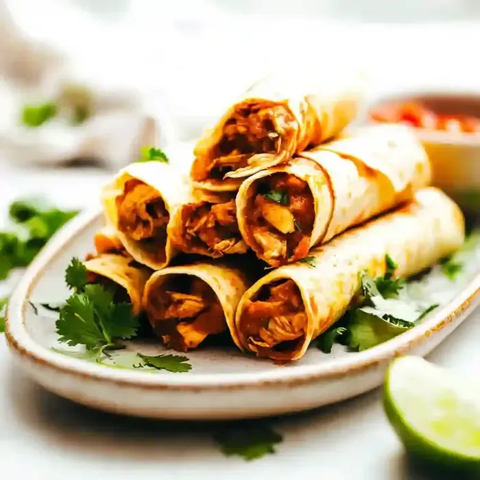 Stack of golden-brown taquitos with chicken on a light serving dish.