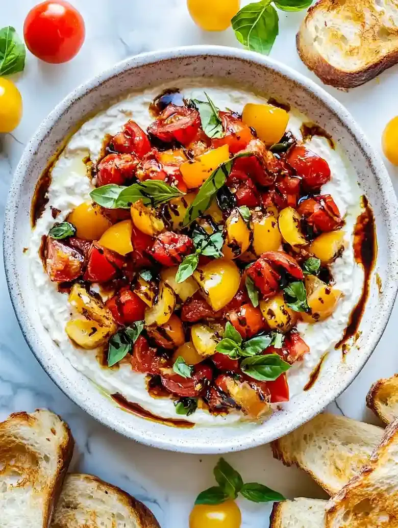 White dip topped with diced tomatoes, yellow peppers, and basil, served with toast.