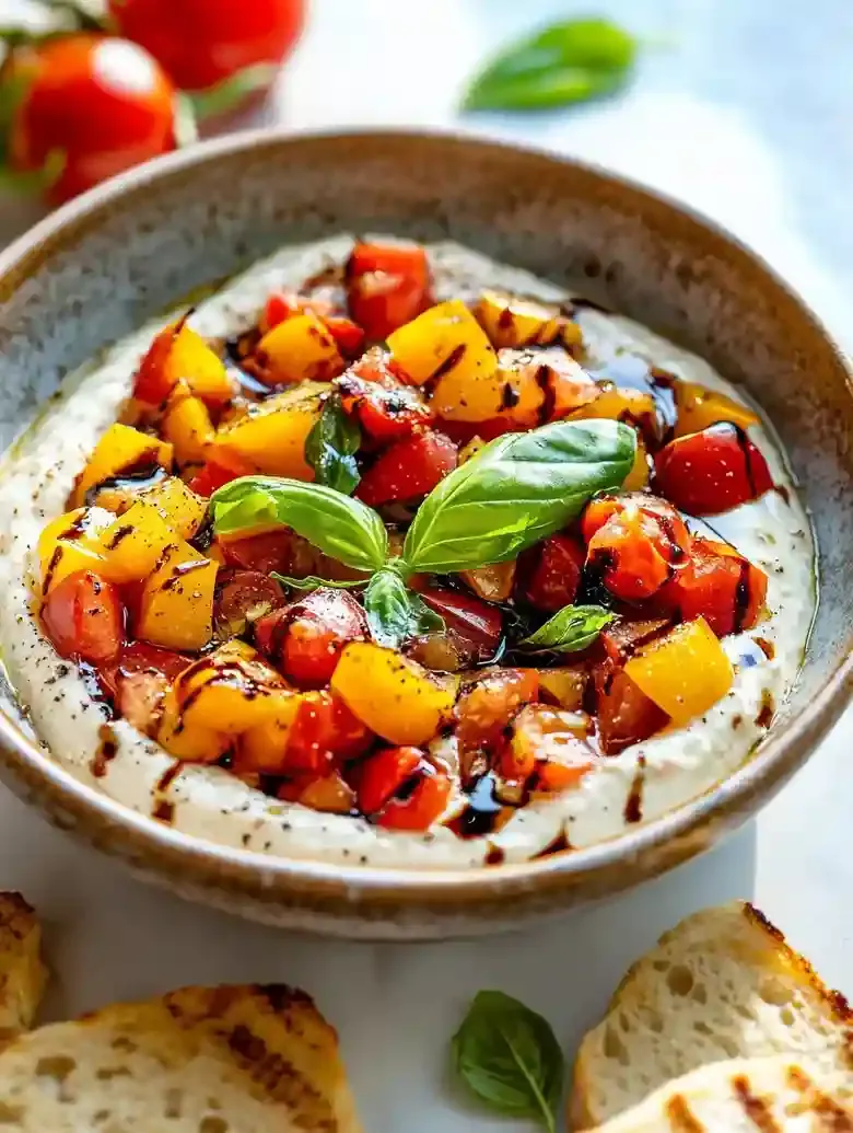 Ceramic bowl of colorful tomato dip with basil, served with toasted bread.