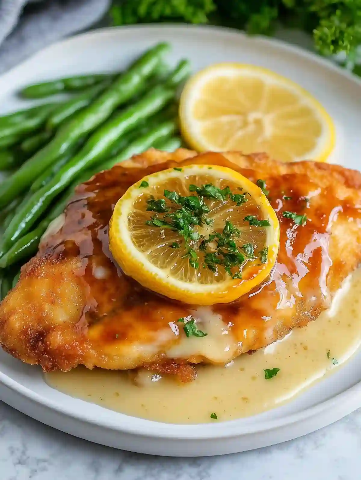 Golden fried chicken with lemon slice and parsley on white plate