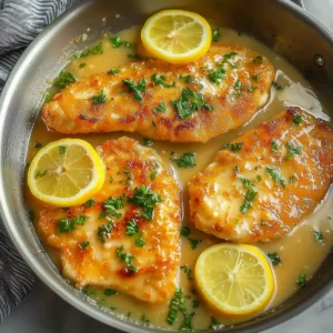 Crispy fried chicken cutlets with lemon slices and parsley in a skillet