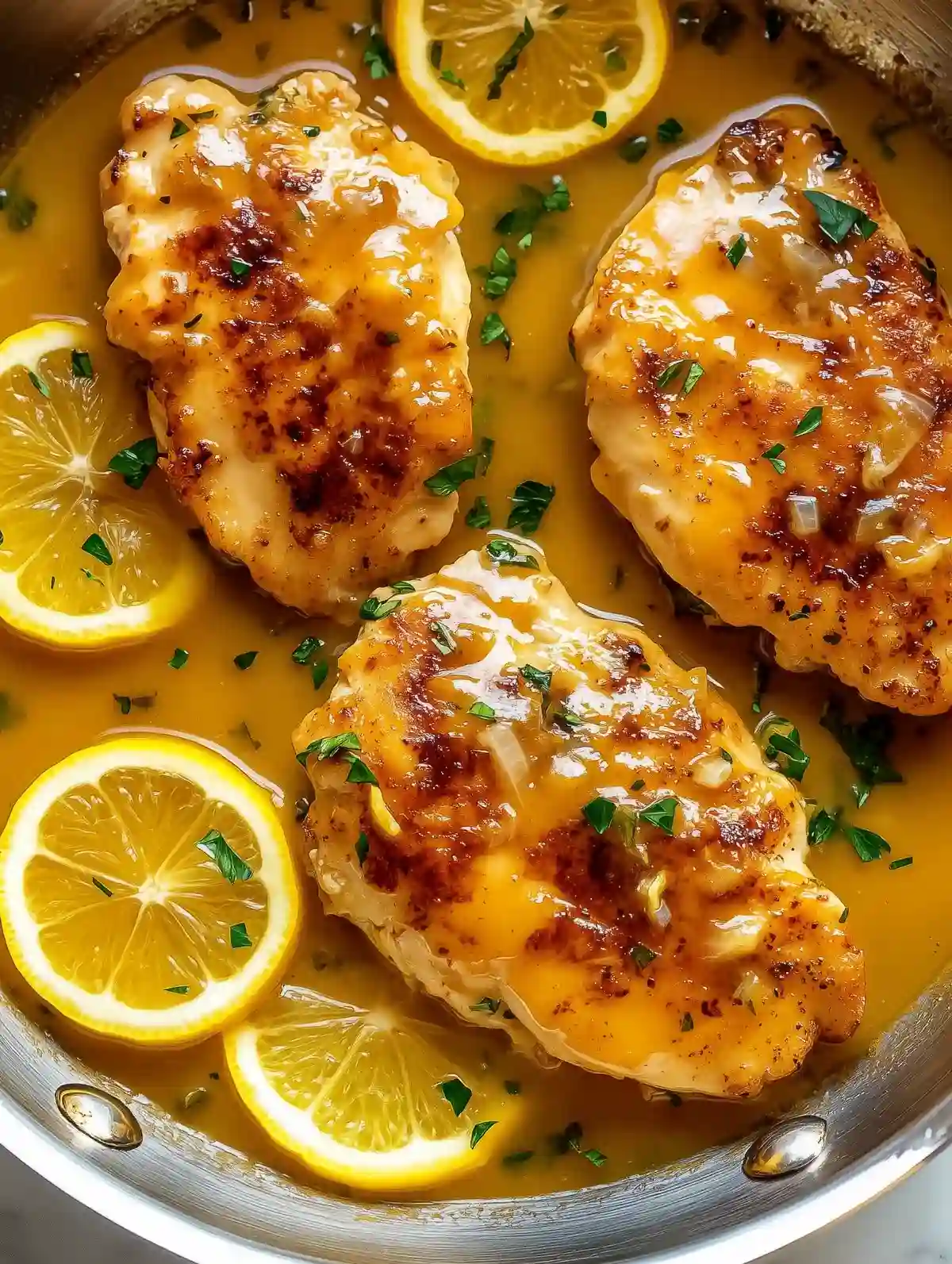 Golden chicken cutlets with lemon slices and parsley in a silver pan