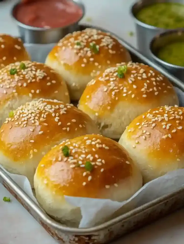Tray with six sesame-topped dinner rolls and dipping sauces on marble.