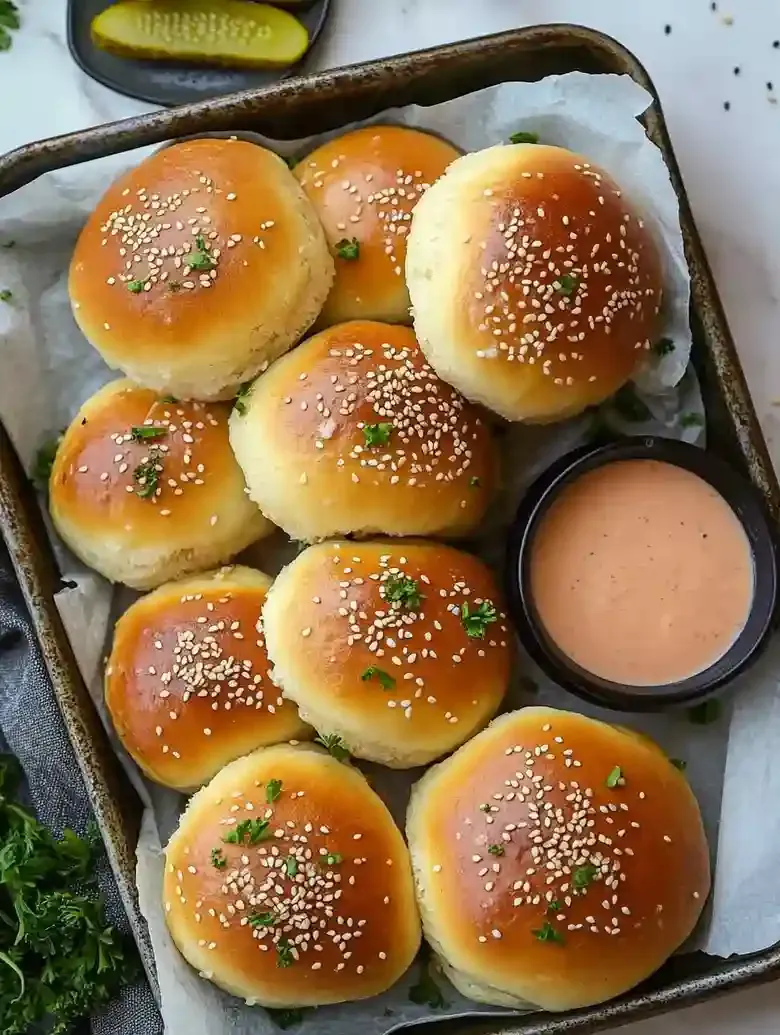 Golden-brown sesame rolls in a tray with smooth sauce and pickles.